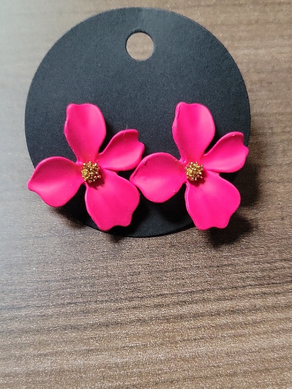 Hot Pink Flower Stud Earrings With Gold